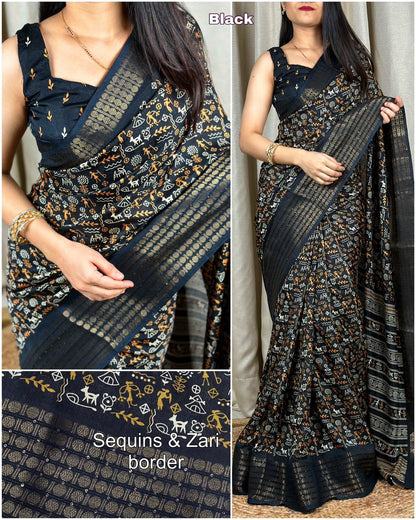 Soft Cotton Kalamkari Printed Saree With Sequince and Zari Work