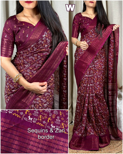 Soft Cotton Kalamkari Printed Saree With Sequince and Zari Work