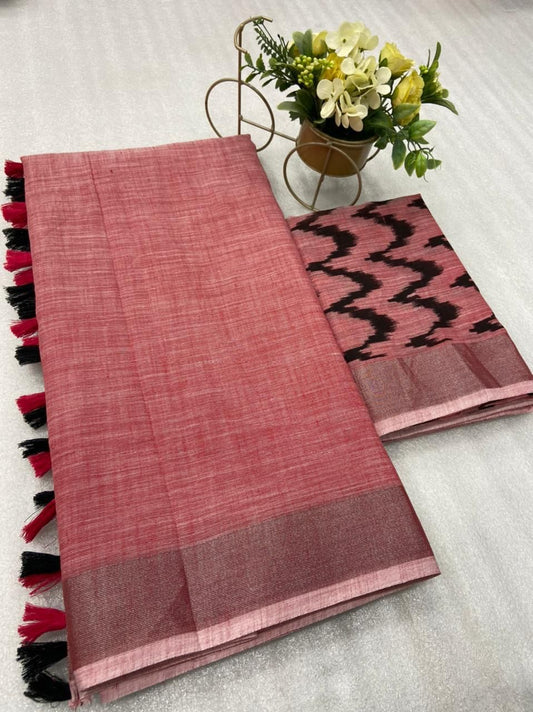 Soft Linen Saree With Silver Border and Designer Blouse