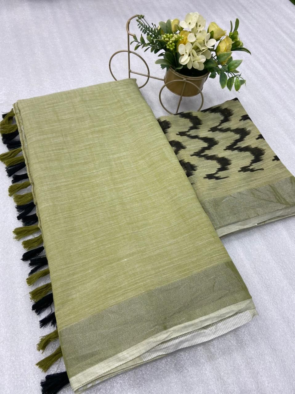 Soft Linen Saree With Silver Border and Designer Blouse