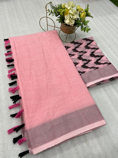 Soft Linen Saree With Silver Border and Designer Blouse