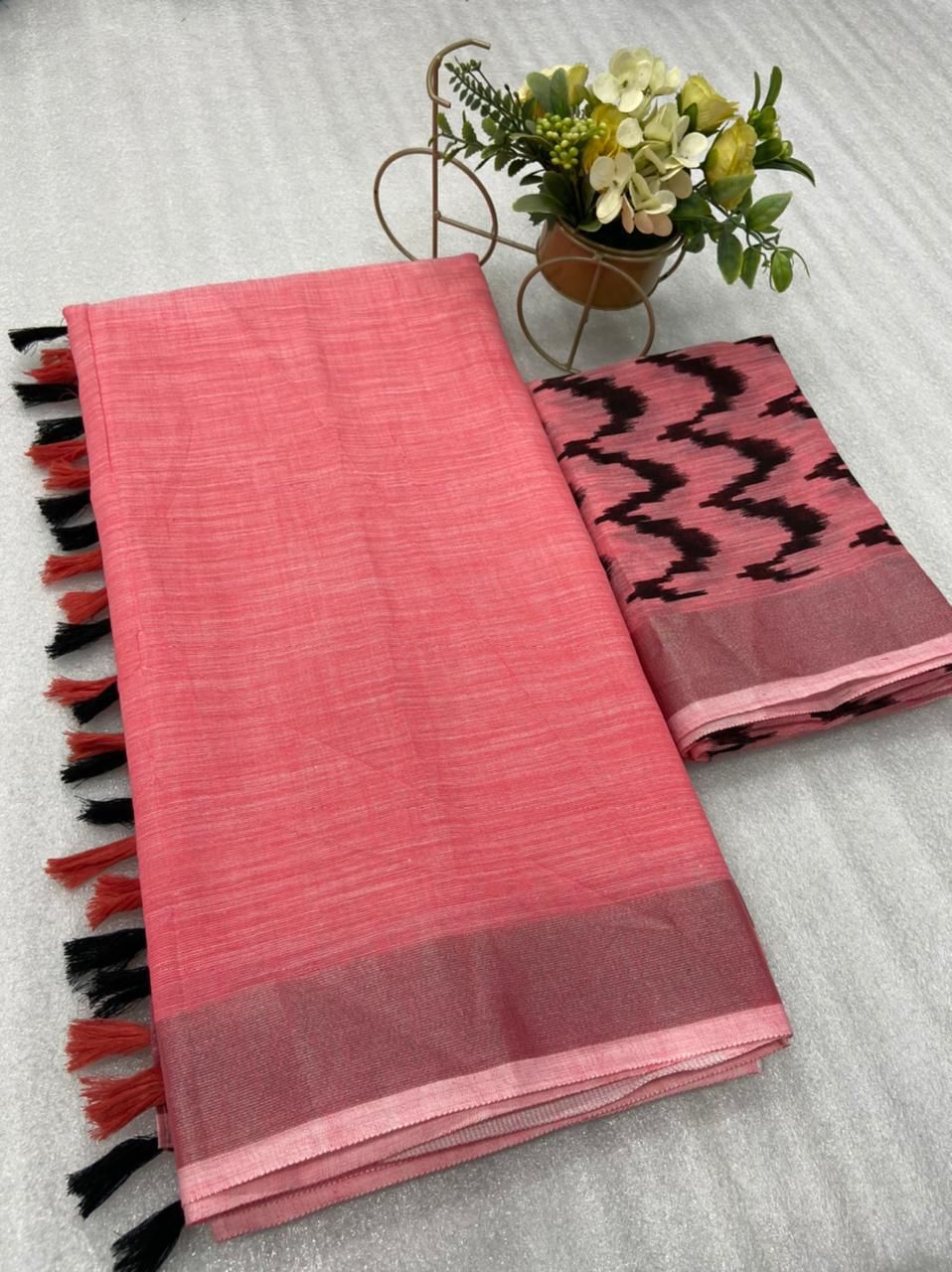 Soft Linen Saree With Silver Border and Designer Blouse