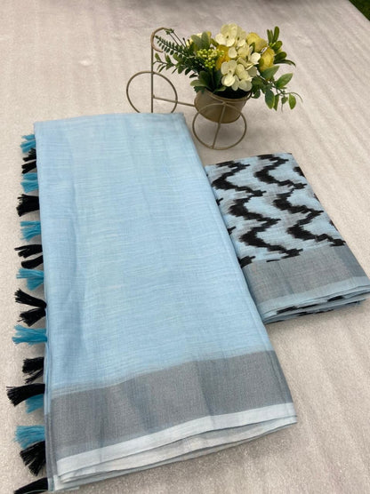 Soft Linen Saree With Silver Border and Designer Blouse