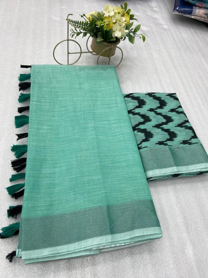 Soft Linen Saree With Silver Border and Designer Blouse