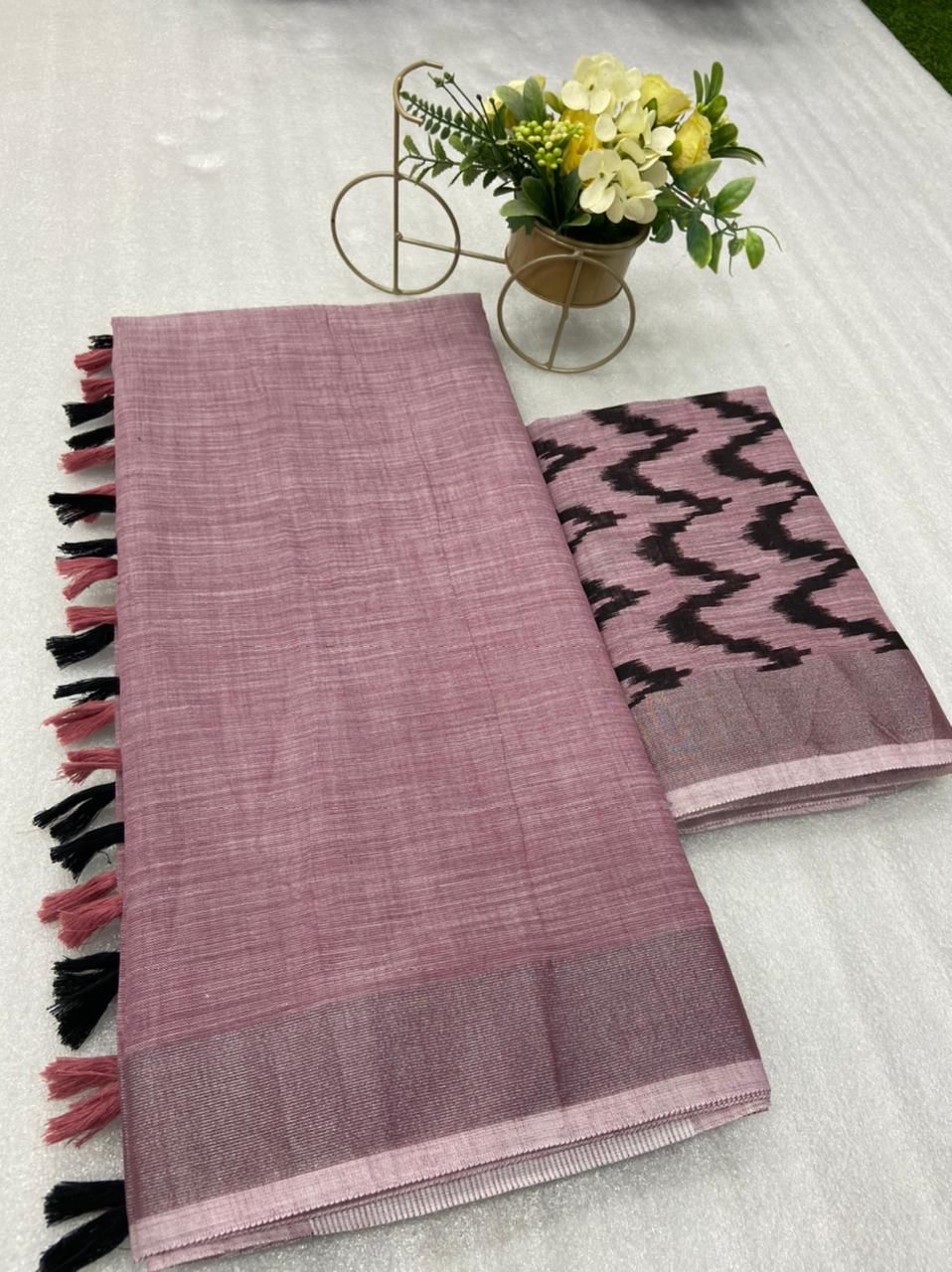 Soft Linen Saree With Silver Border and Designer Blouse