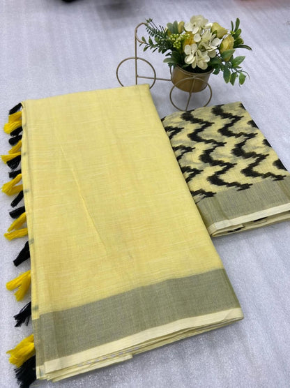 Soft Linen Saree With Silver Border and Designer Blouse