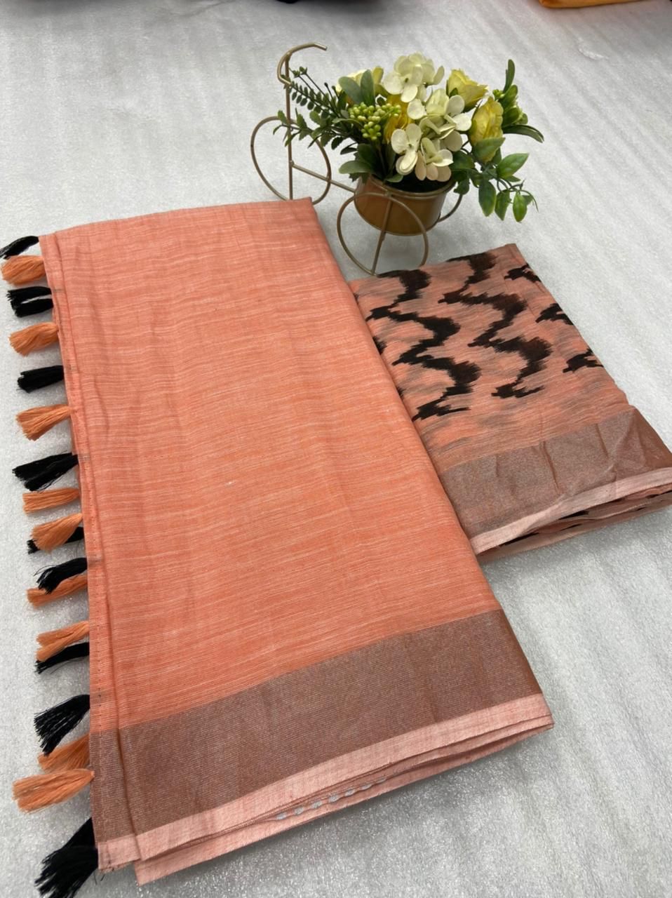 Soft Linen Saree With Silver Border and Designer Blouse