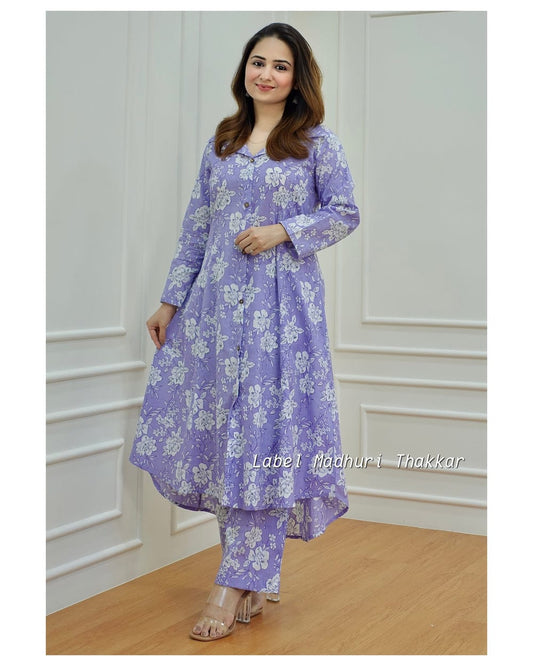 Lavender Soft Cotton Kurti Set With Mil Print