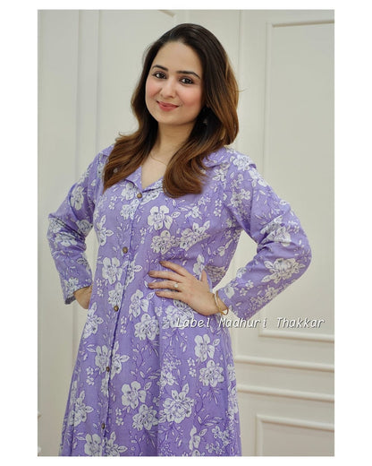 Lavender Soft Cotton Kurti Set With Mil Print