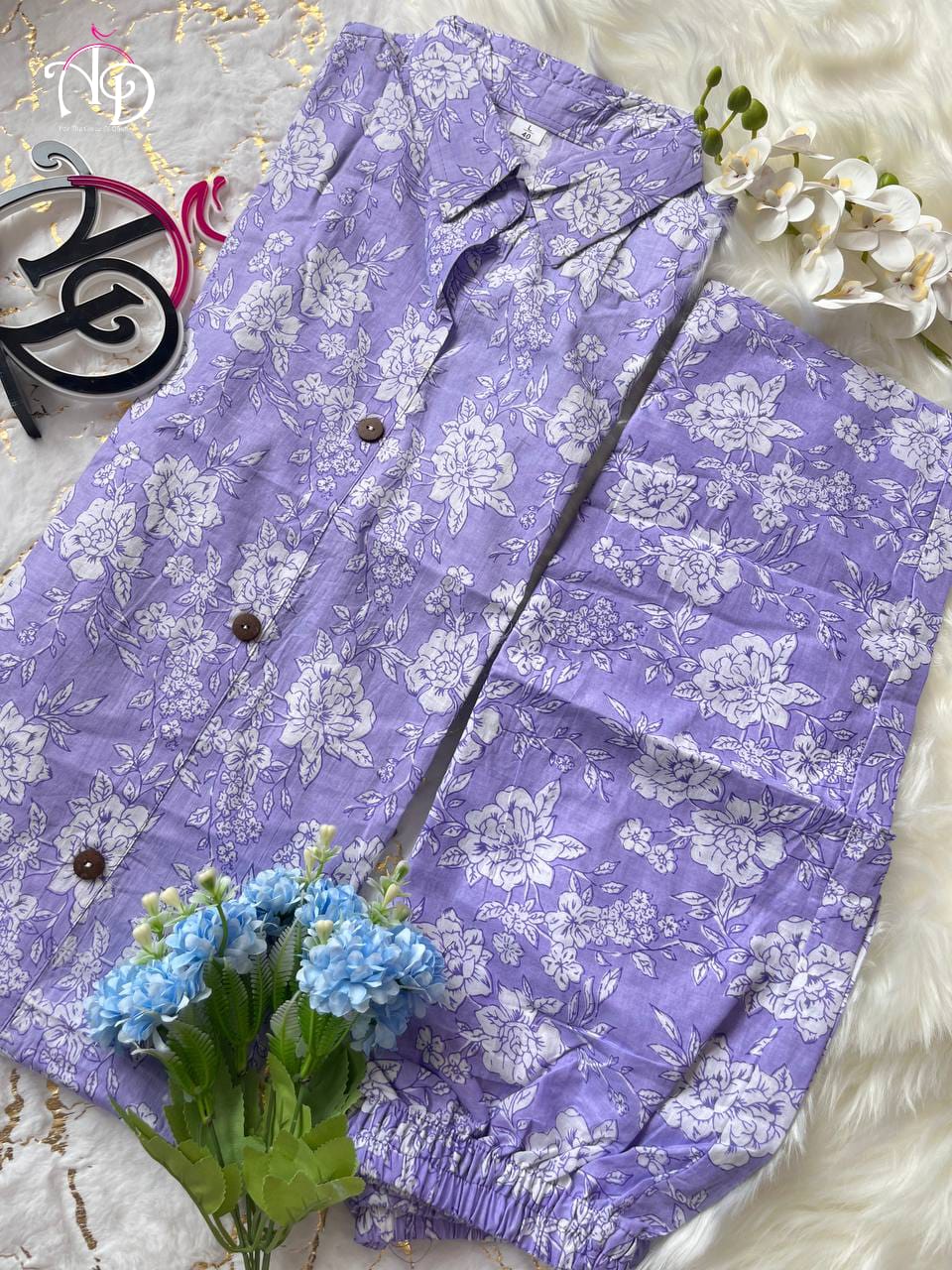 Lavender Soft Cotton Kurti Set With Mil Print