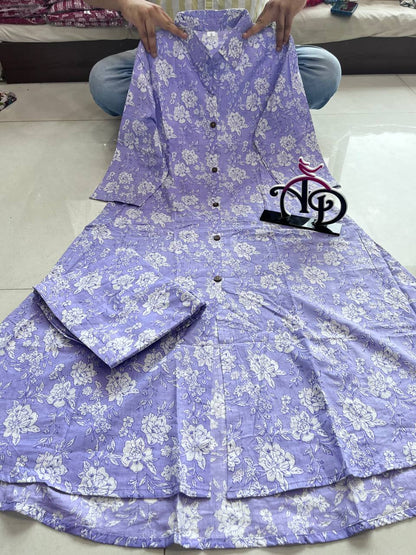 Lavender Soft Cotton Kurti Set With Mil Print