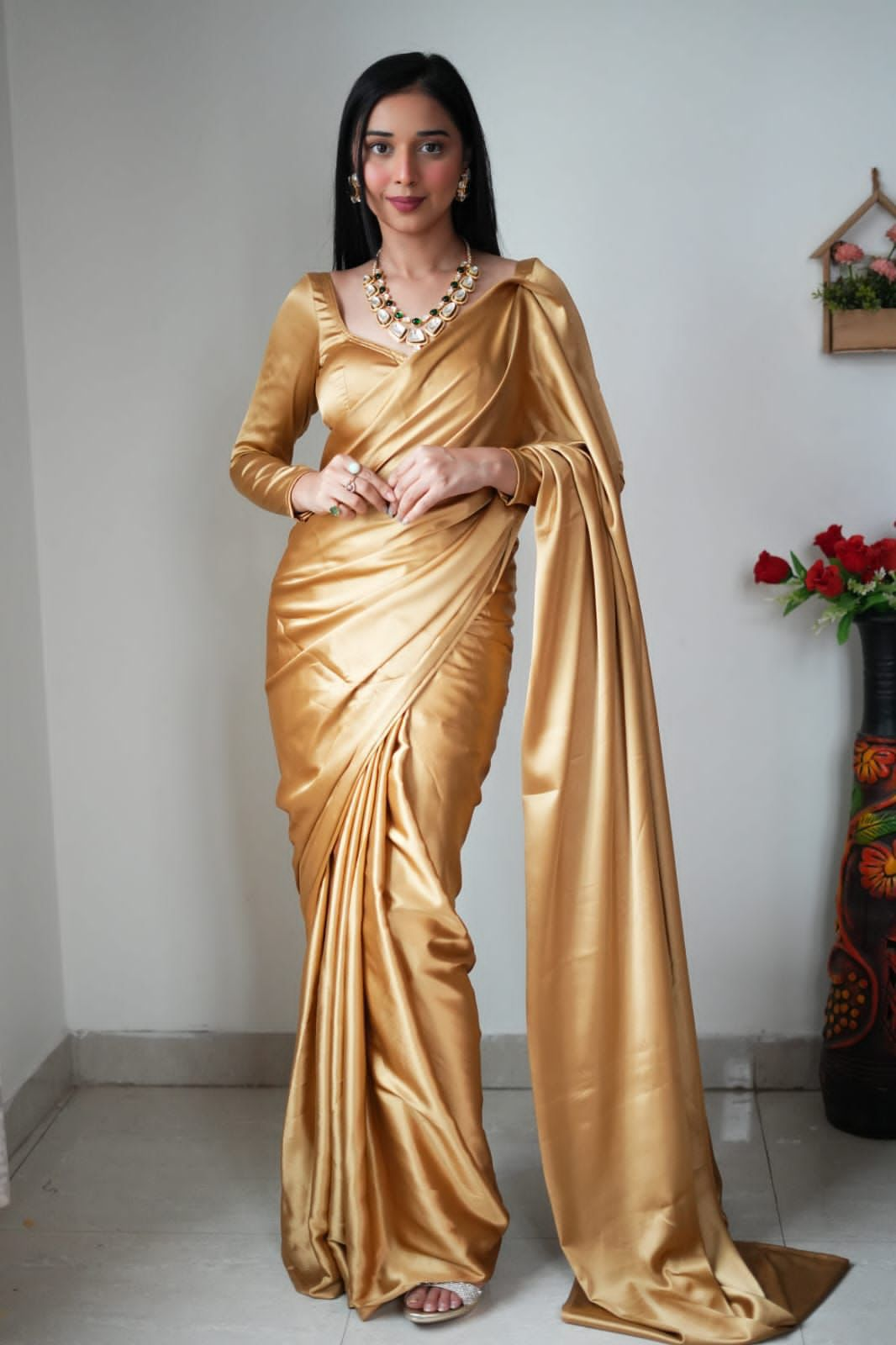 Soft Satin Plain Silk Ready to Wear Saree