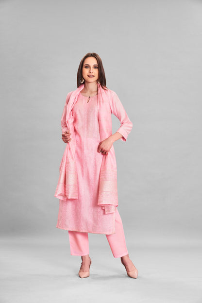 Baby Pink Soft Crochet Chanderi Kurti Set