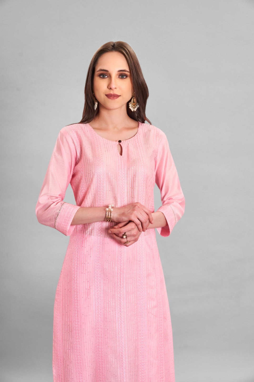 Baby Pink Soft Crochet Chanderi Kurti Set