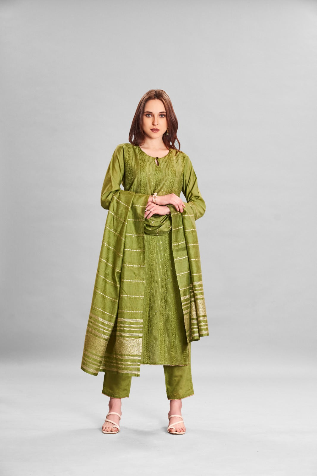 Mehandi Green Crochet Chanderi Kurti Ser With Sequence Embroidery