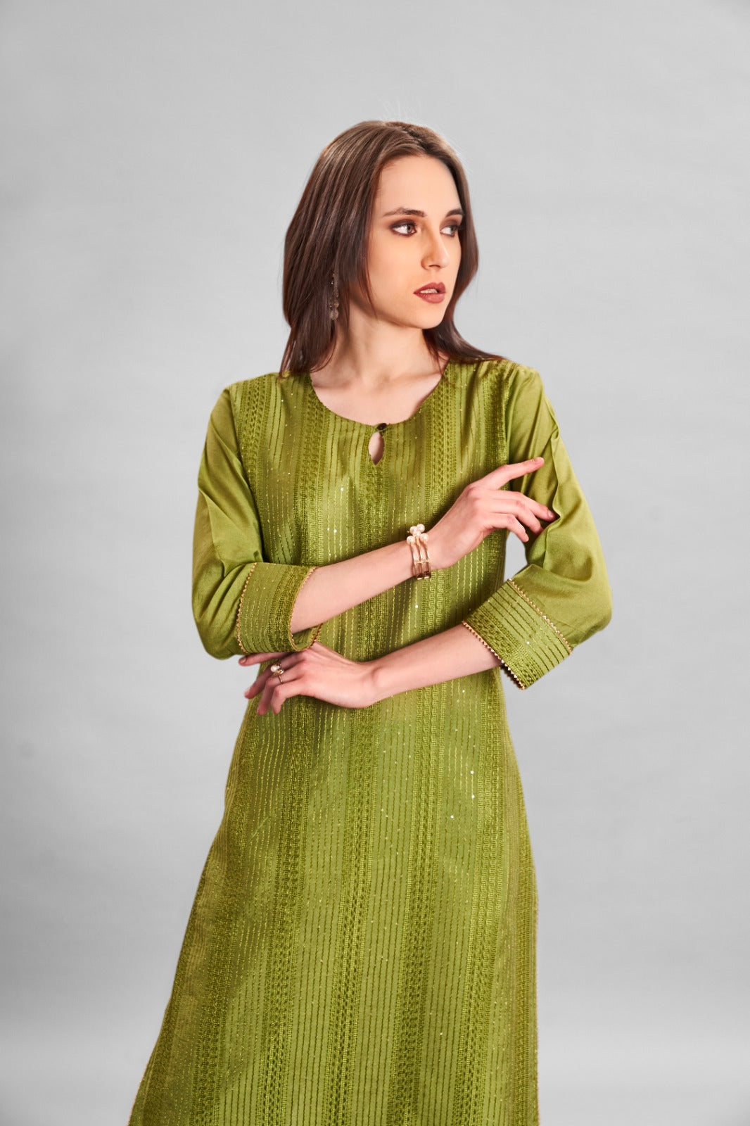 Mehandi Green Crochet Chanderi Kurti Ser With Sequence Embroidery