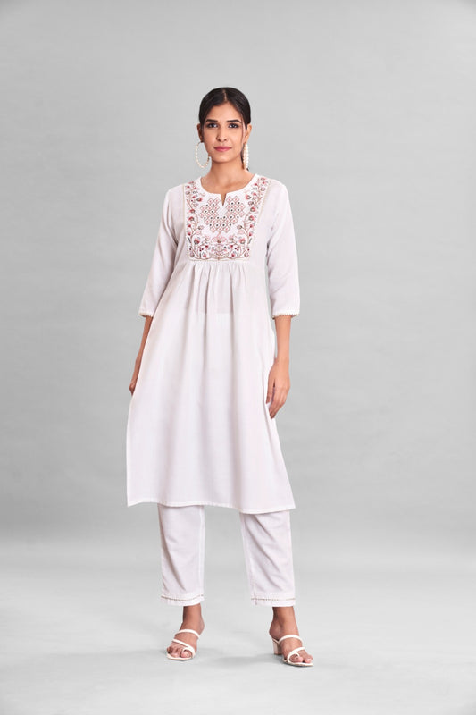 White Reyon Cotton Kurti Set With Embroidery Work