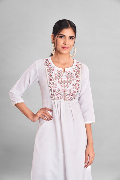 White Reyon Cotton Kurti Set With Embroidery Work