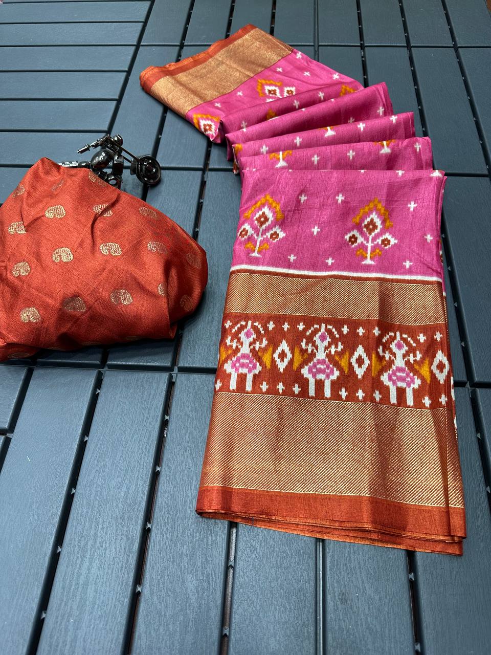 Dola Silk Saree With Foil Print and Patola Printed