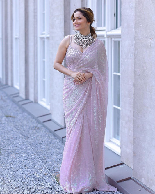 Baby Pink Georgette Double Layer Sequence Work Saree