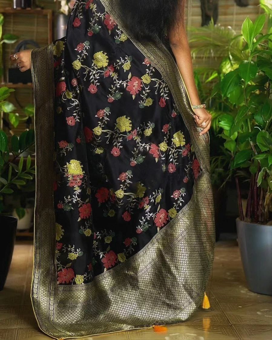 Soft Silk Viscose With Elegant Zari Work Multi Color Flower Design