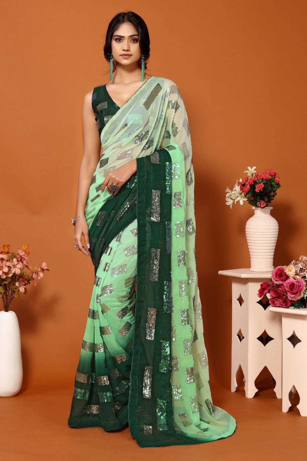 Soft Georgette Dual Shade Saree With Sequence Work