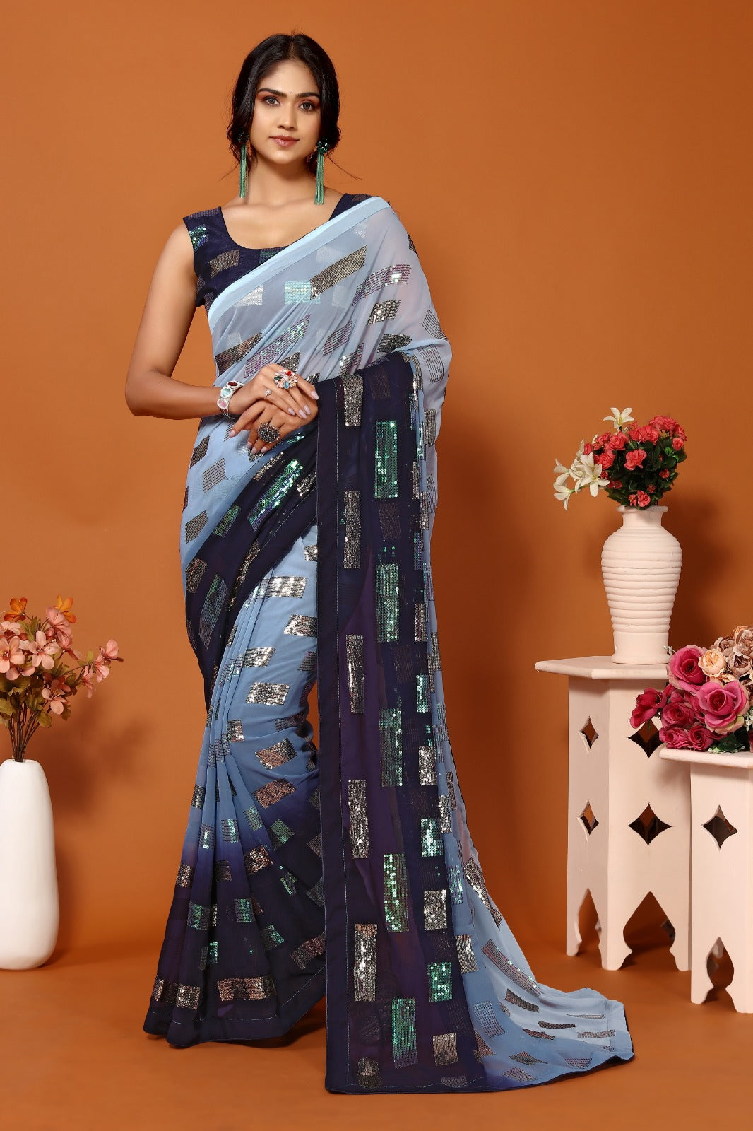 Soft Georgette Dual Shade Saree With Sequence Work