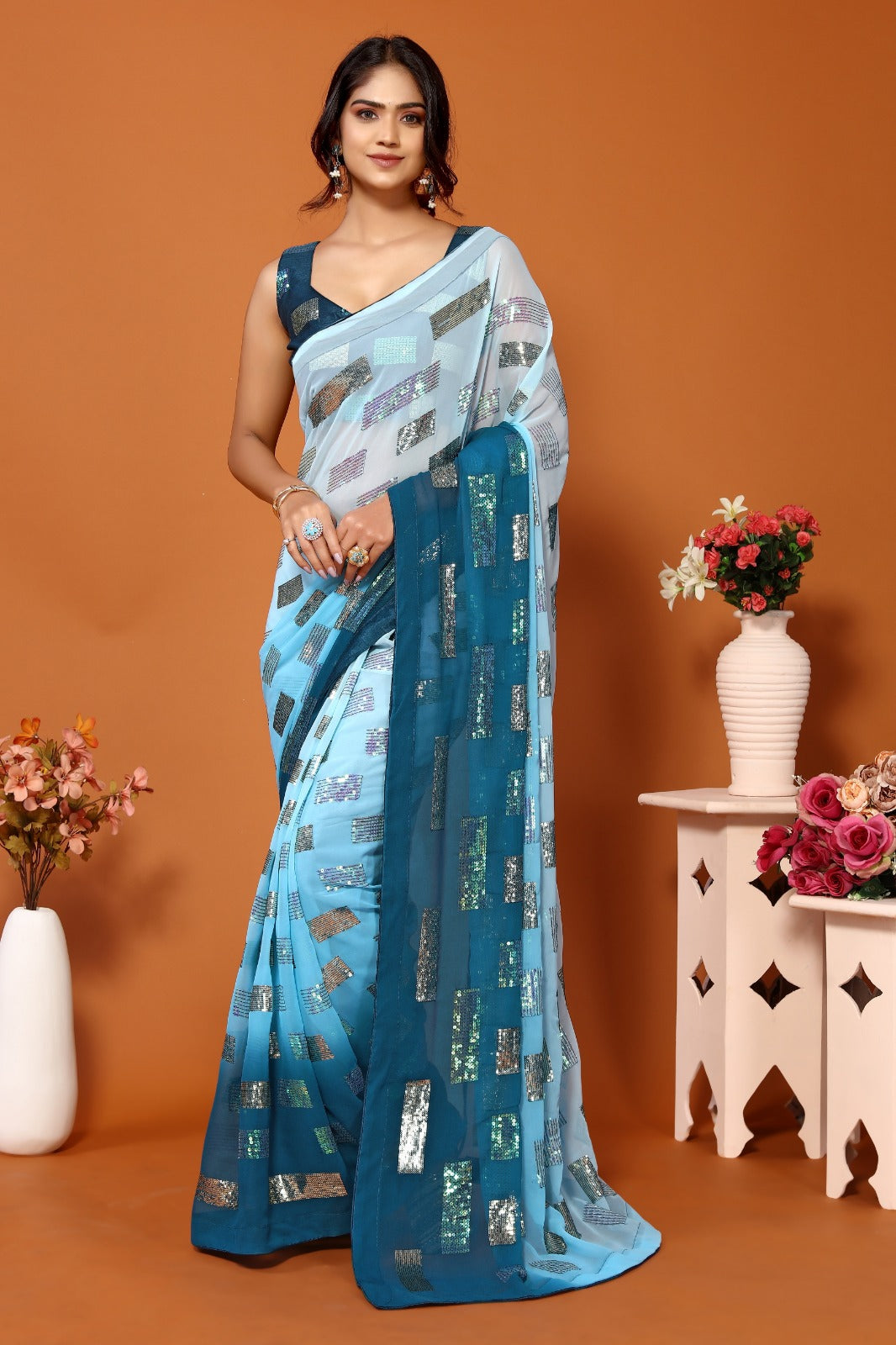 Soft Georgette Dual Shade Saree With Sequence Work