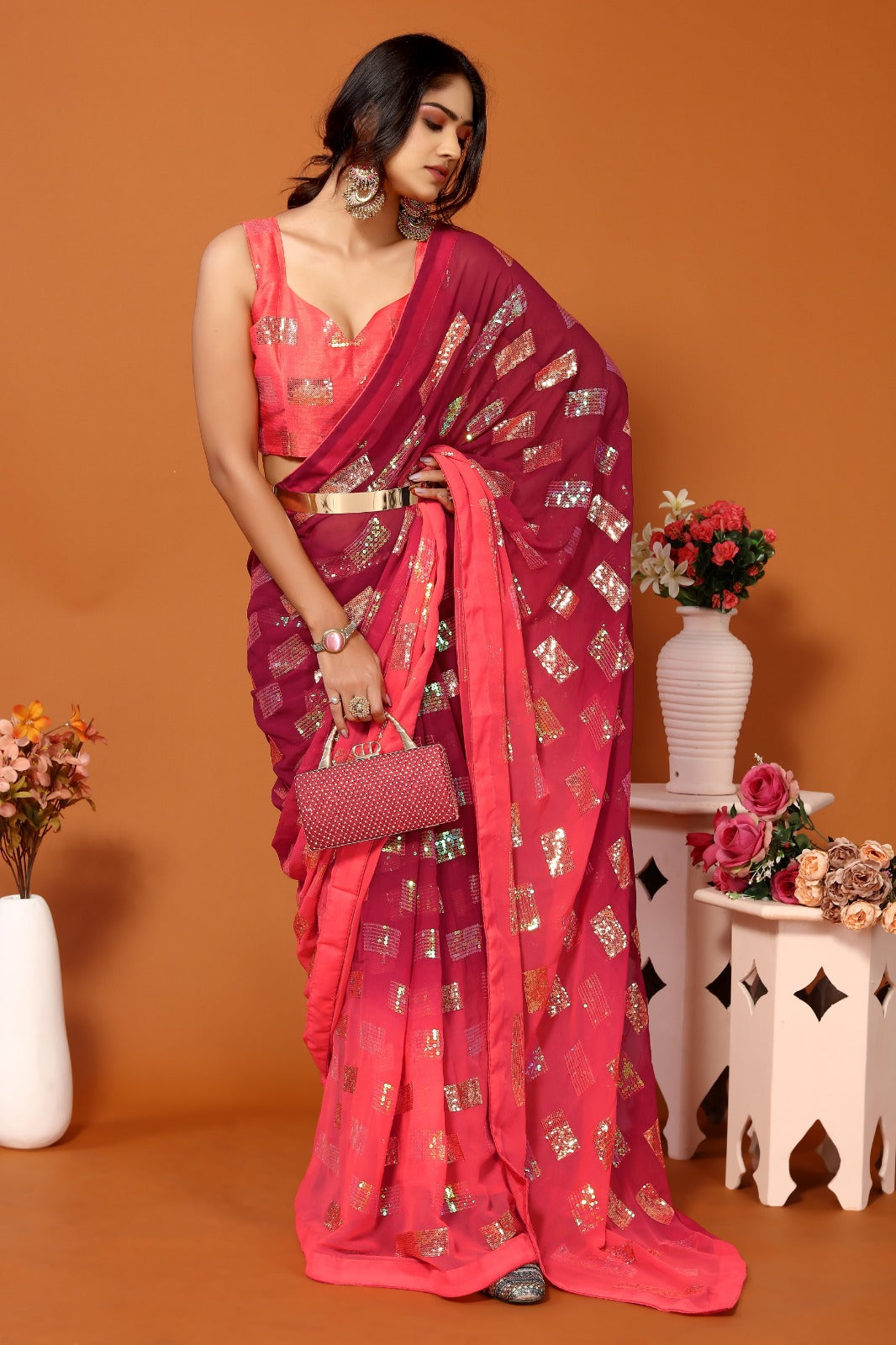 Soft Georgette Dual Shade Saree With Sequence Work