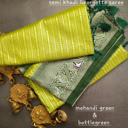 Soft Georgette Banarasi Silk Saree With Silver Zari and Flowral Border