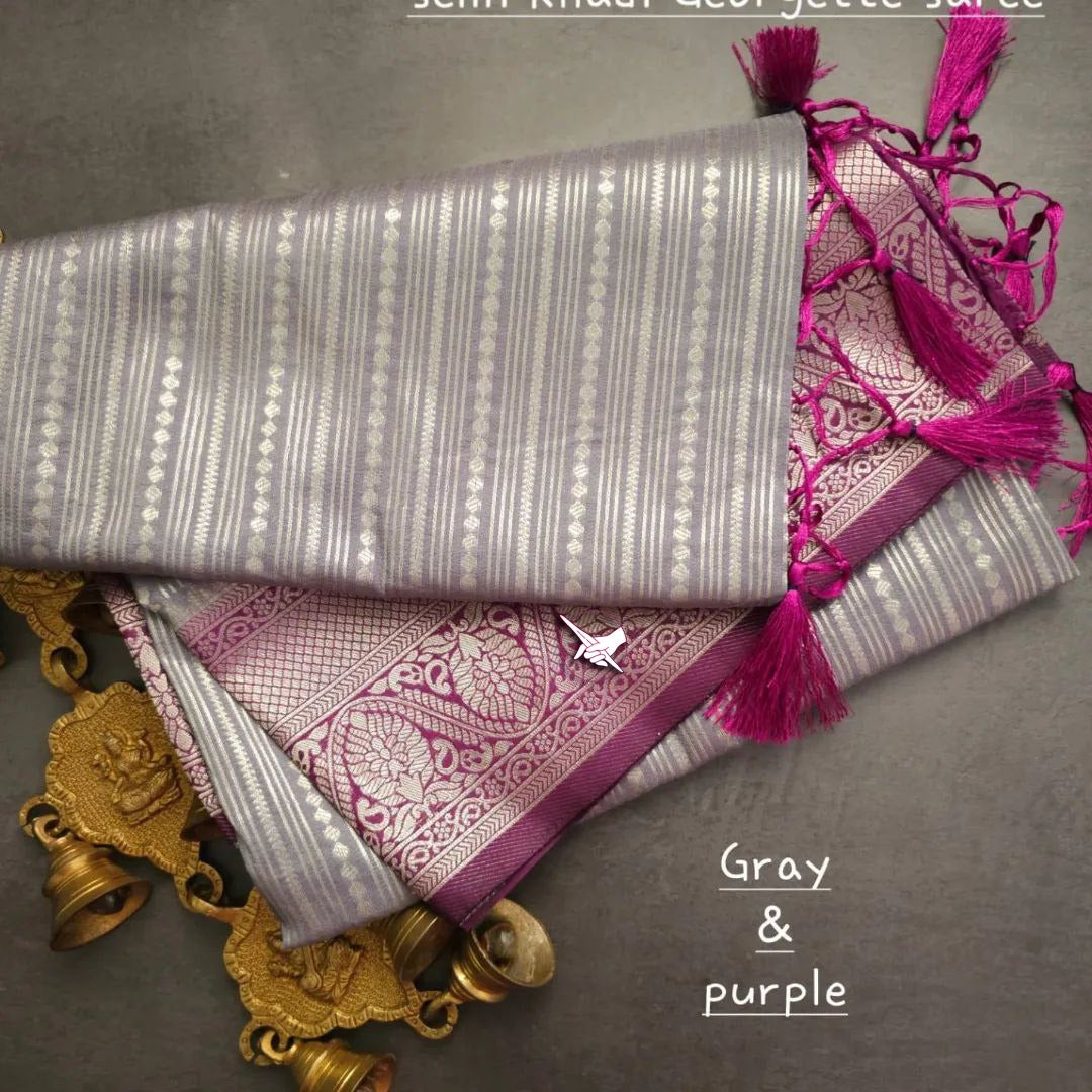 Soft Georgette Banarasi Silk Saree With Silver Zari and Flowral Border