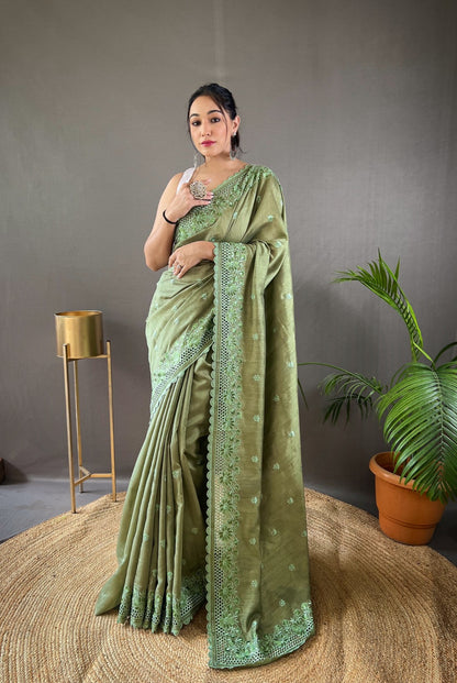 Soft Matka Silk Saree With All Over Thread Work and Motifs and Cut Work