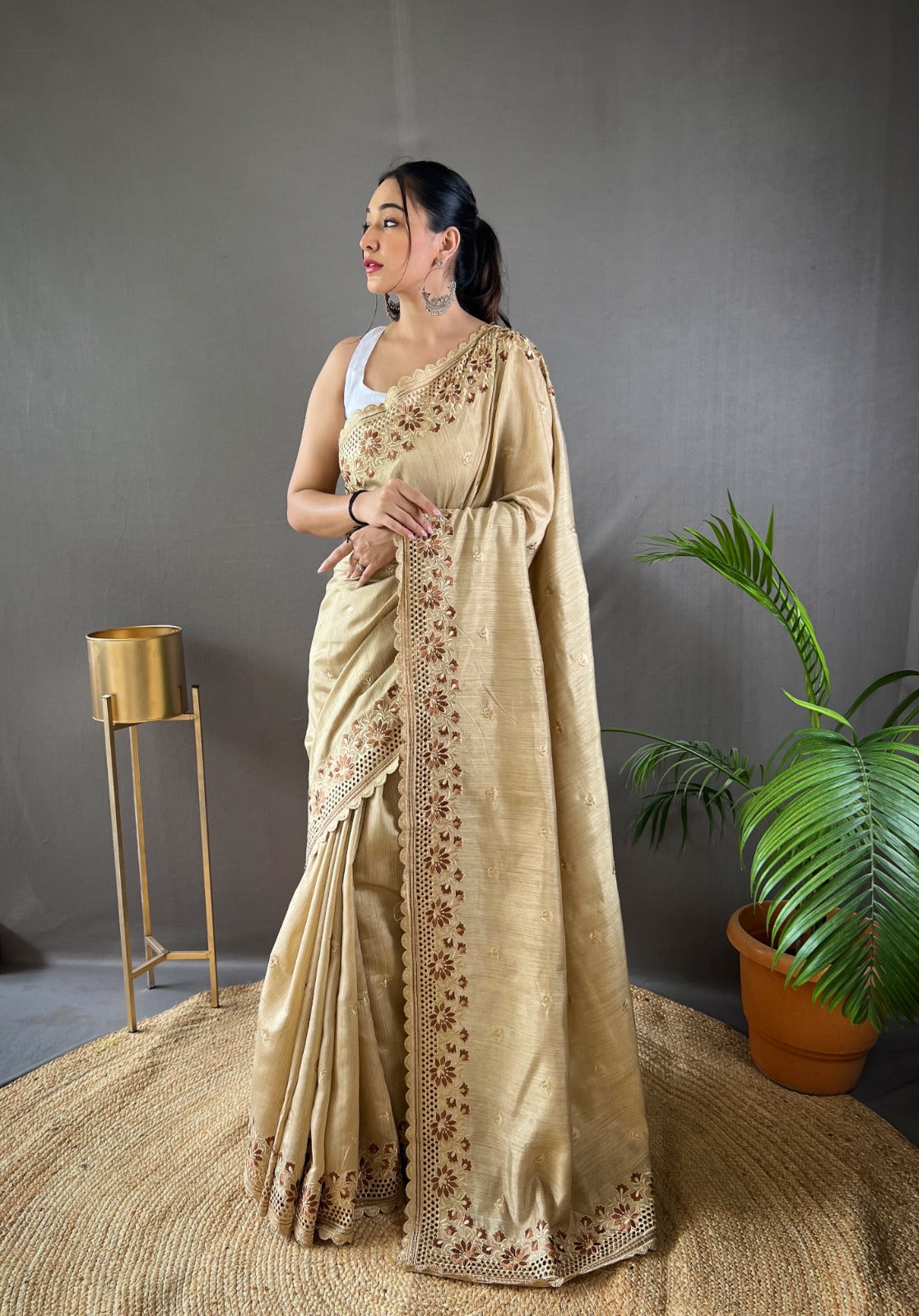 Soft Matka Silk Saree With All Over Thread Work and Motifs and Cut Work