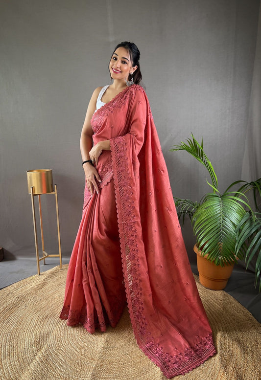 Soft Matka Silk Saree With All Over Thread Work and Motifs and Cut Work