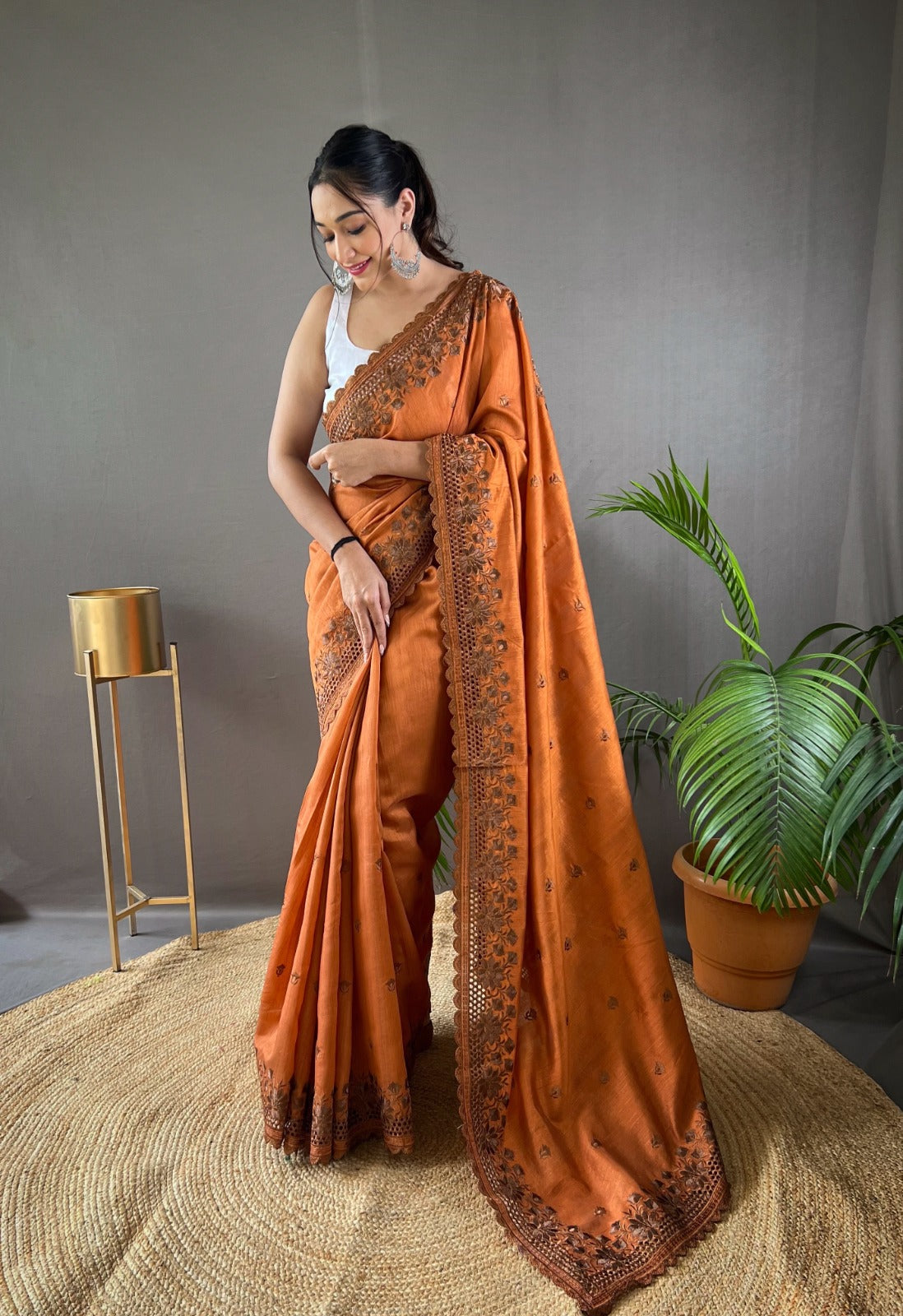 Soft Matka Silk Saree With All Over Thread Work and Motifs and Cut Work