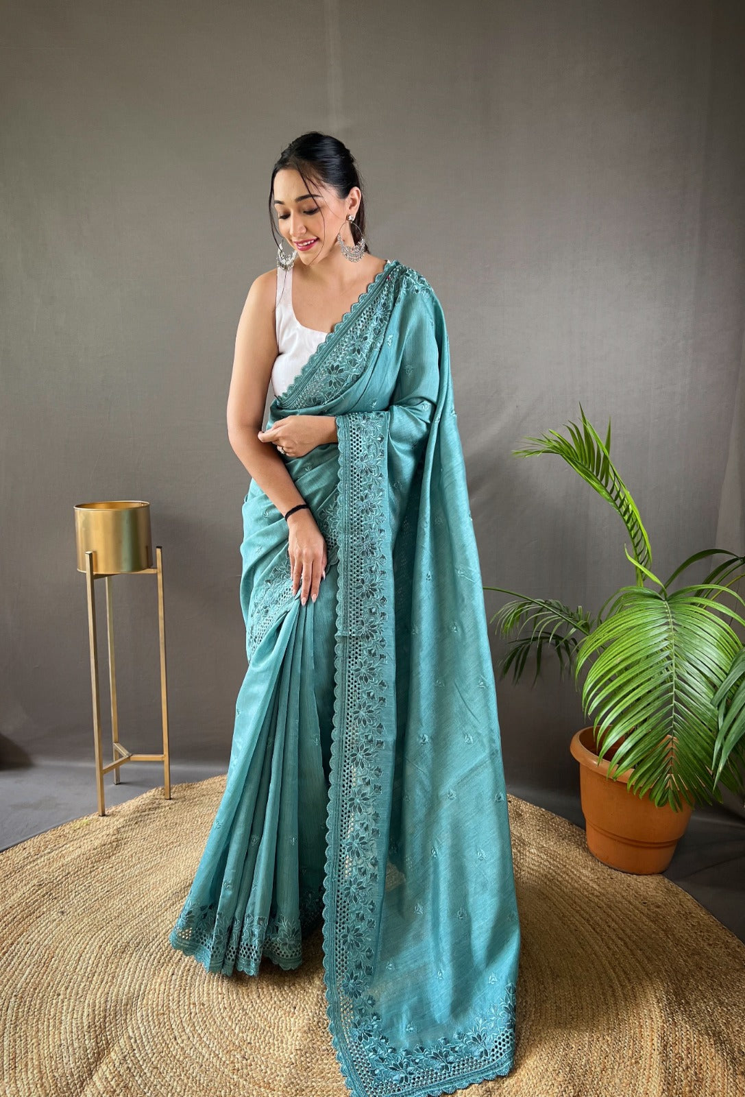 Soft Matka Silk Saree With All Over Thread Work and Motifs and Cut Work