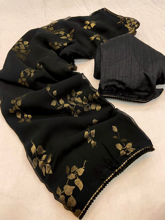 Back Soft Georgette Saree With Floral Design and Lace Patti