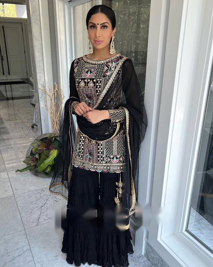 Black Sharara Plazo Set With Multi Thread Embroidery Work