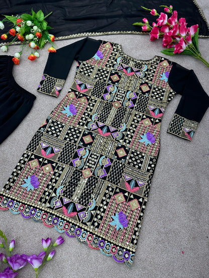 Black Sharara Plazo Set With Multi Thread Embroidery Work