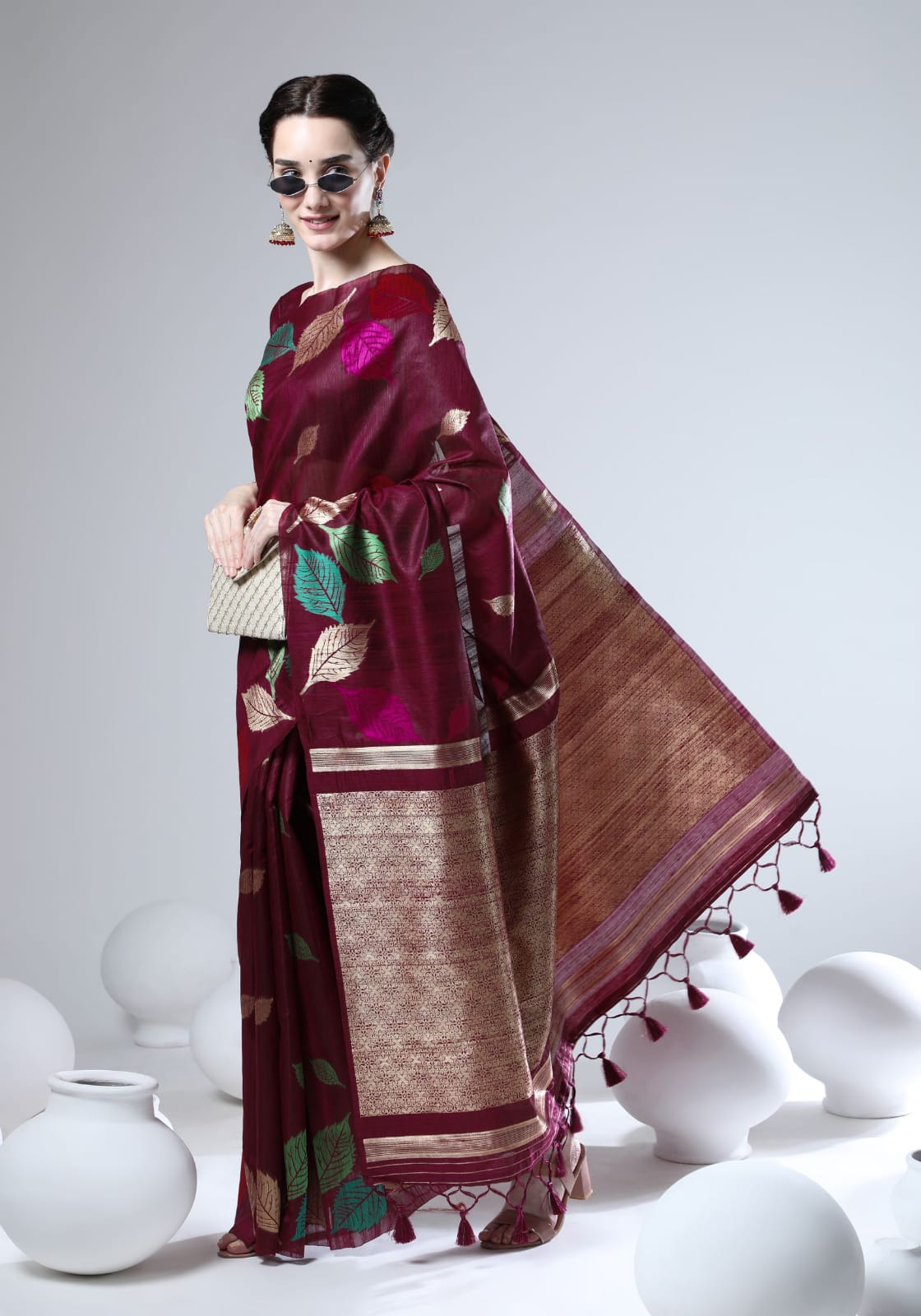 Tussar Silk Saree With Colorful Woven Border and Zari Woven Pallu