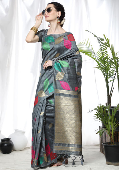 Tussar Silk Saree With Colorful Woven Border and Zari Woven Pallu