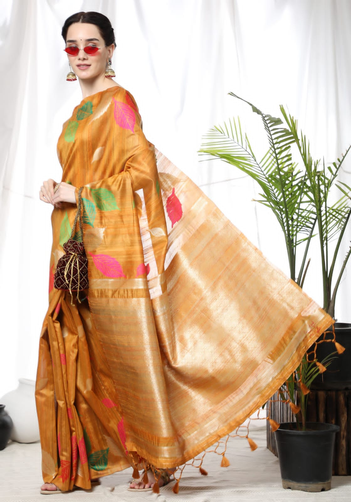 Tussar Silk Saree With Colorful Woven Border and Zari Woven Pallu