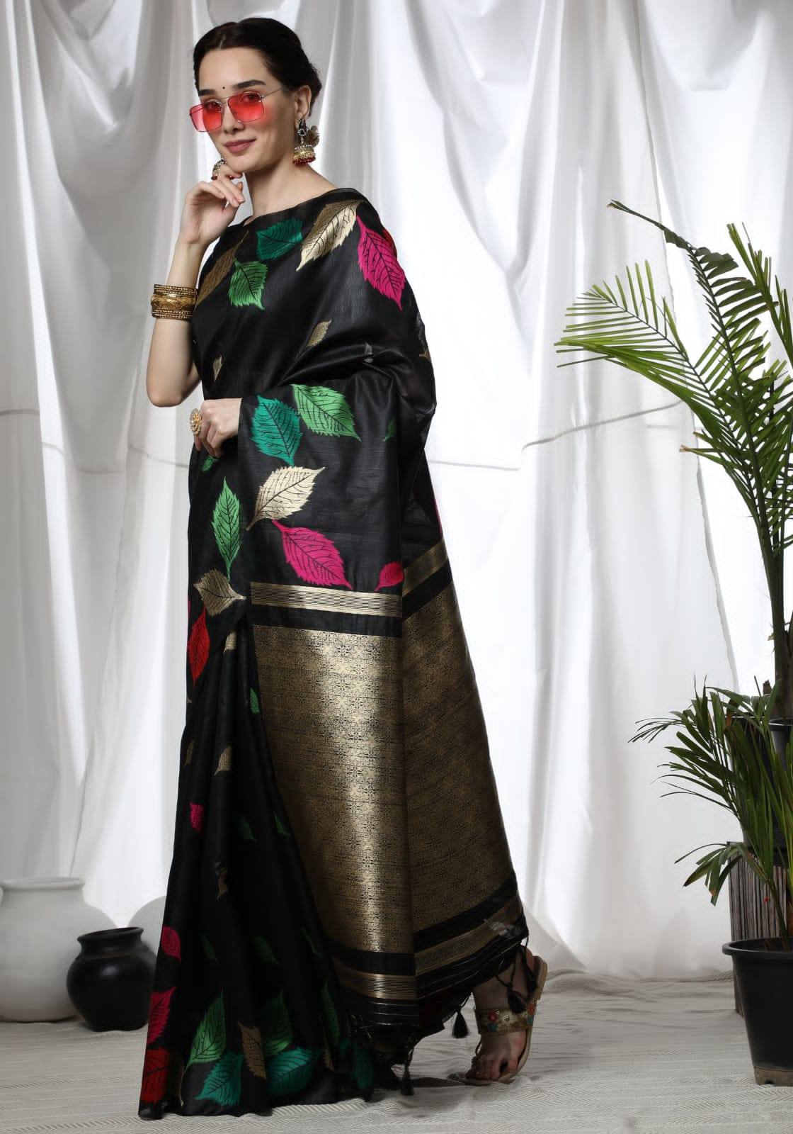 Tussar Silk Saree With Colorful Woven Border and Zari Woven Pallu