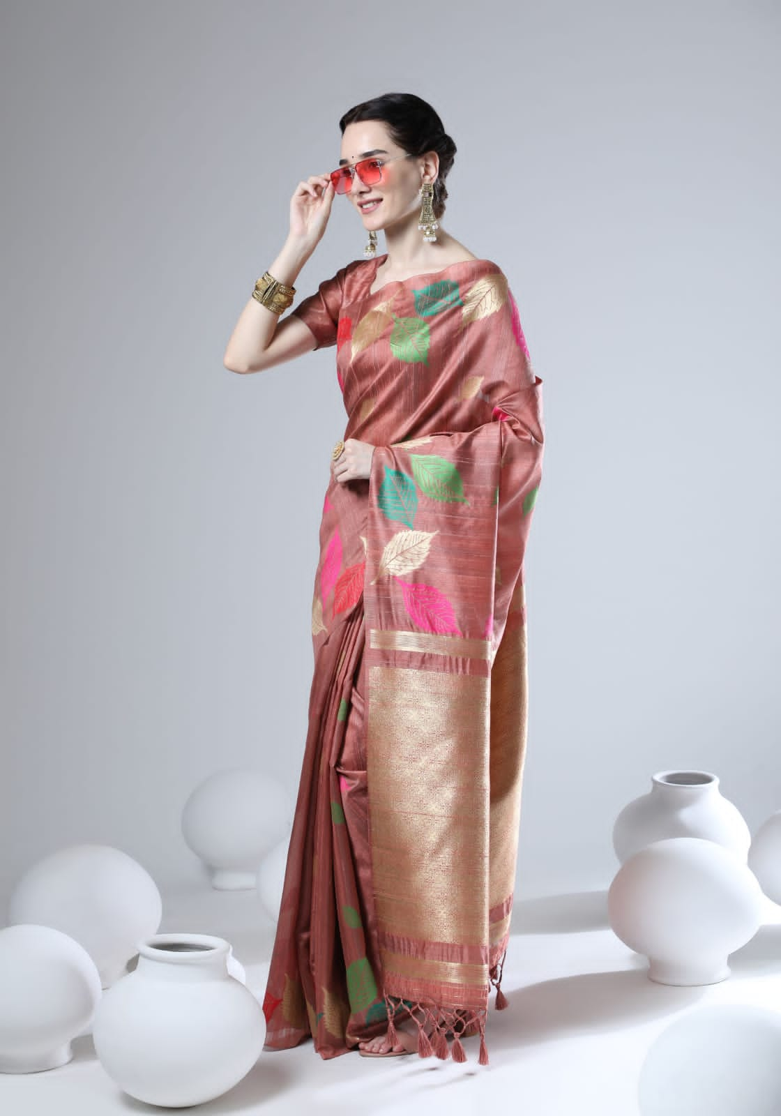 Tussar Silk Saree With Colorful Woven Border and Zari Woven Pallu