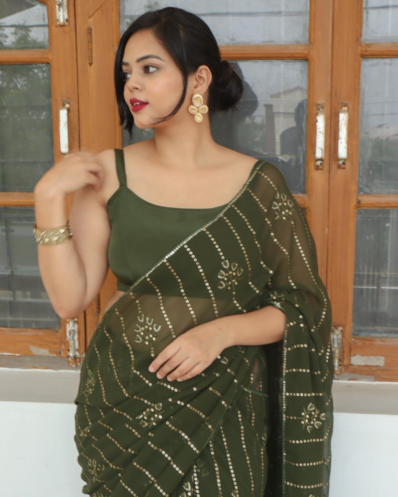 Mehandi Green Soft Georgette Saree With Embroidery Sequence Work