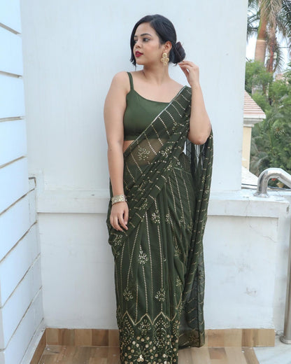 Mehandi Green Soft Georgette Saree With Embroidery Sequence Work