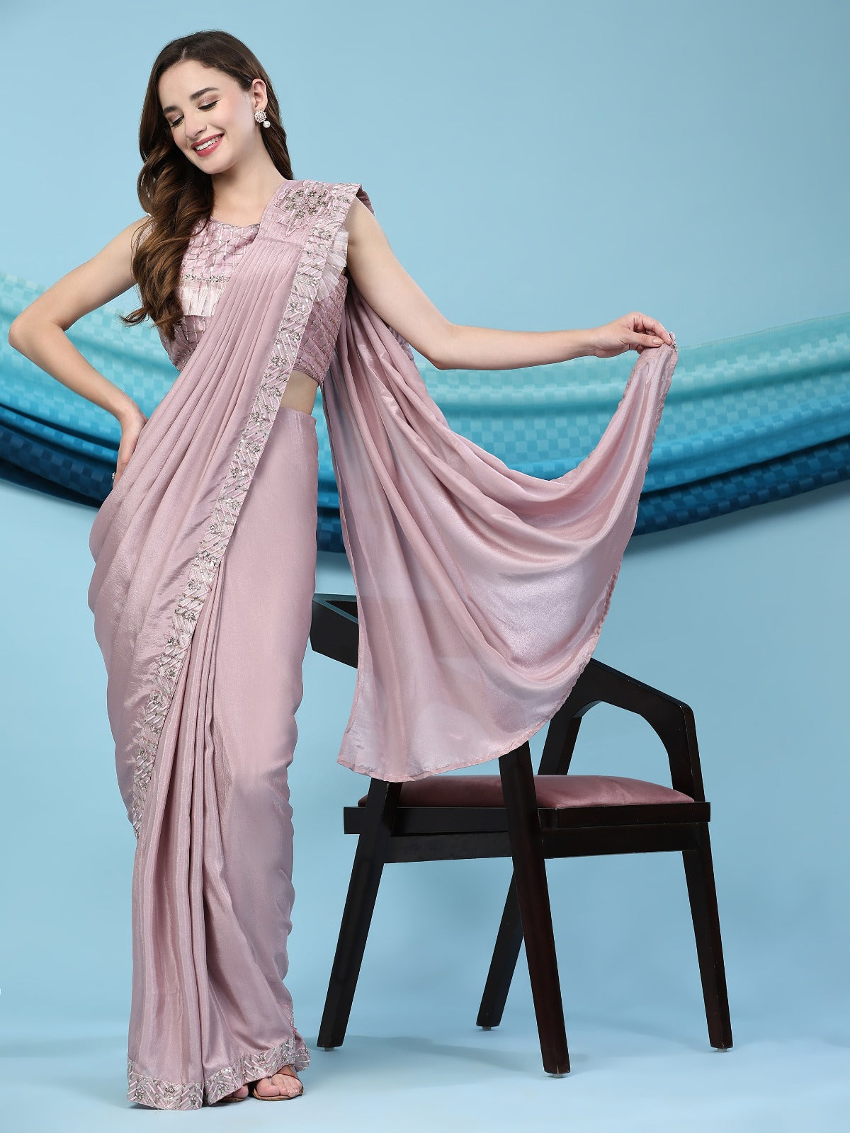 Satin Silk Ready To Wear Saree With Frill and Sequence Work