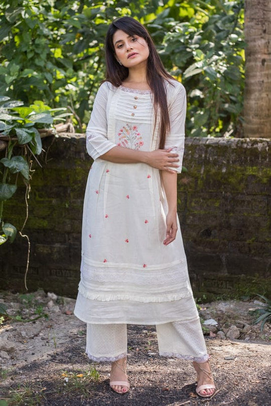 White Cotton Kurti Set With Embroidery and Lace Work