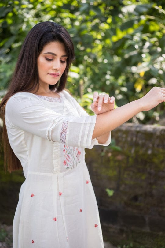 White Cotton Kurti Set With Embroidery and Lace Work