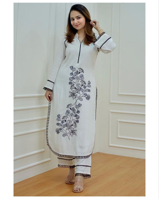 White Reyon Cotton Kurti With Black Embroidery Design